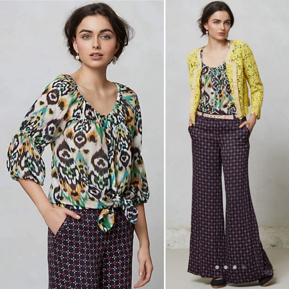 Anthropologie Vanessa Virginia Sveta Ikat 100% Silk Blouse Boho Artsy Size S